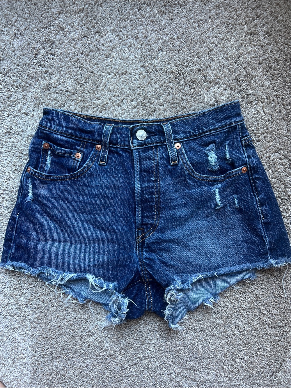 Levi's 501 Dark Blue Distressed High-Rise Denim Shorts